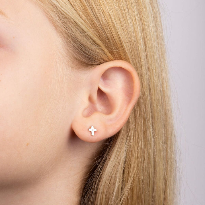 Children's Silver Diamond Cross Stud Earrings