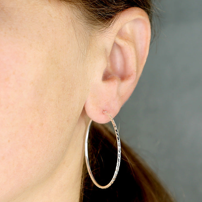 Silver Diamond-Cut Sleeper Hoop Earrings