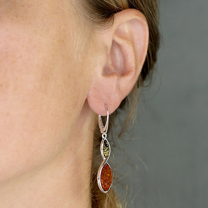 Silver Two Colour Amber Drop Earrings