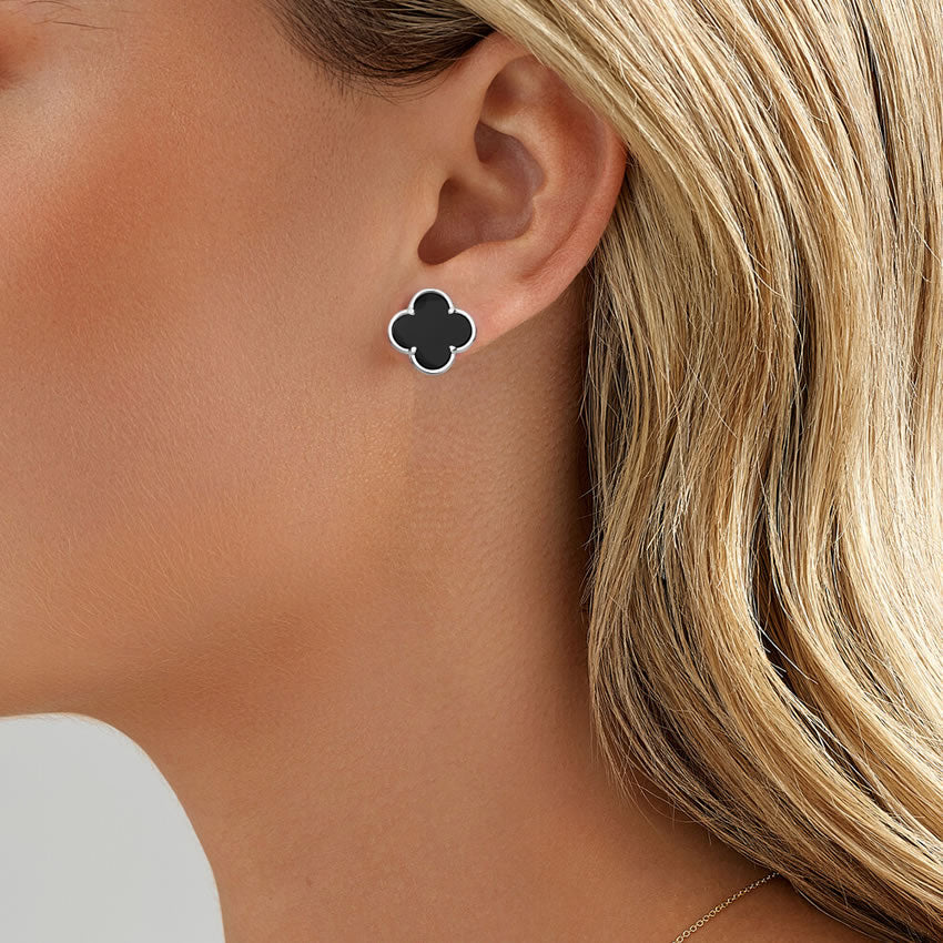 Sterling Silver Onyx Four Leaf Clover Earrings