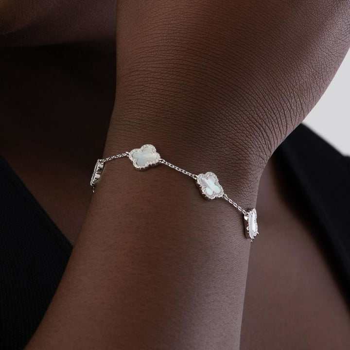 Silver Mother of Pearl Four Leaf Clover Bracelet