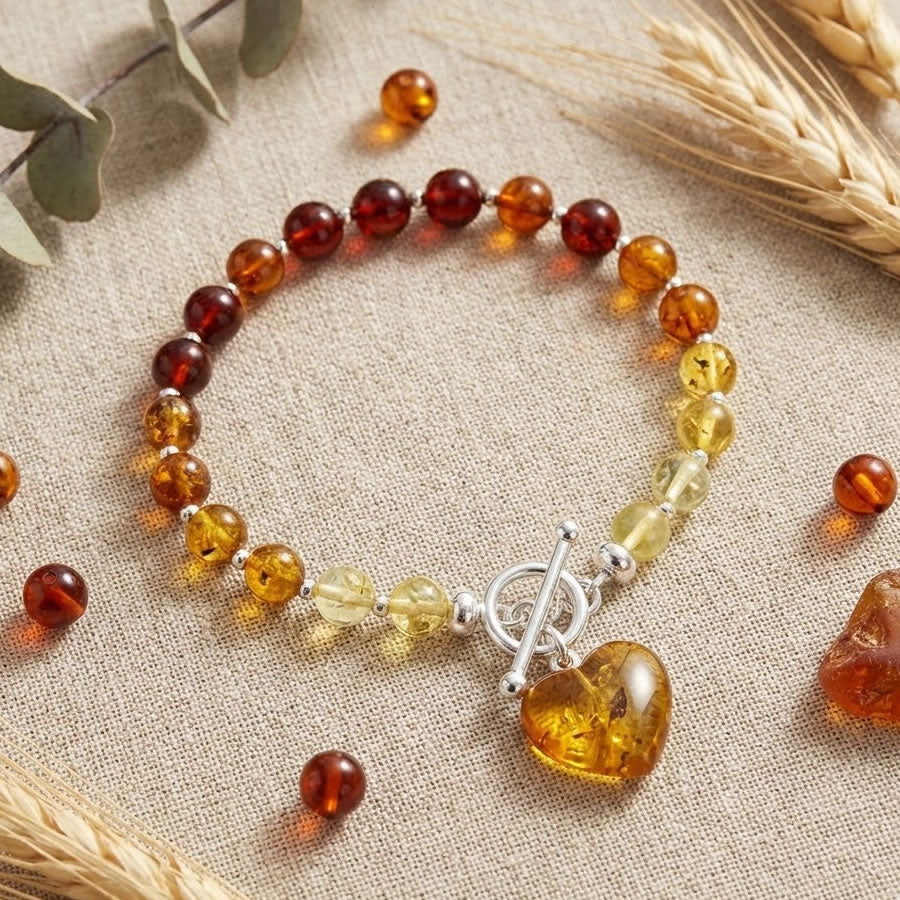 Silver Mixed Amber T-bar Heart Charm Bracelet