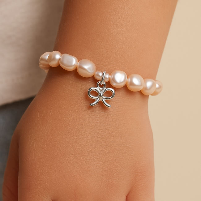 Children's Sterling Silver Pearl Bow Charm Bracelet