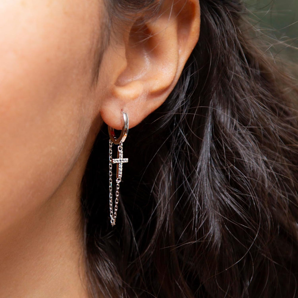 Sterling Silver Cross Chain Hoop Earrings