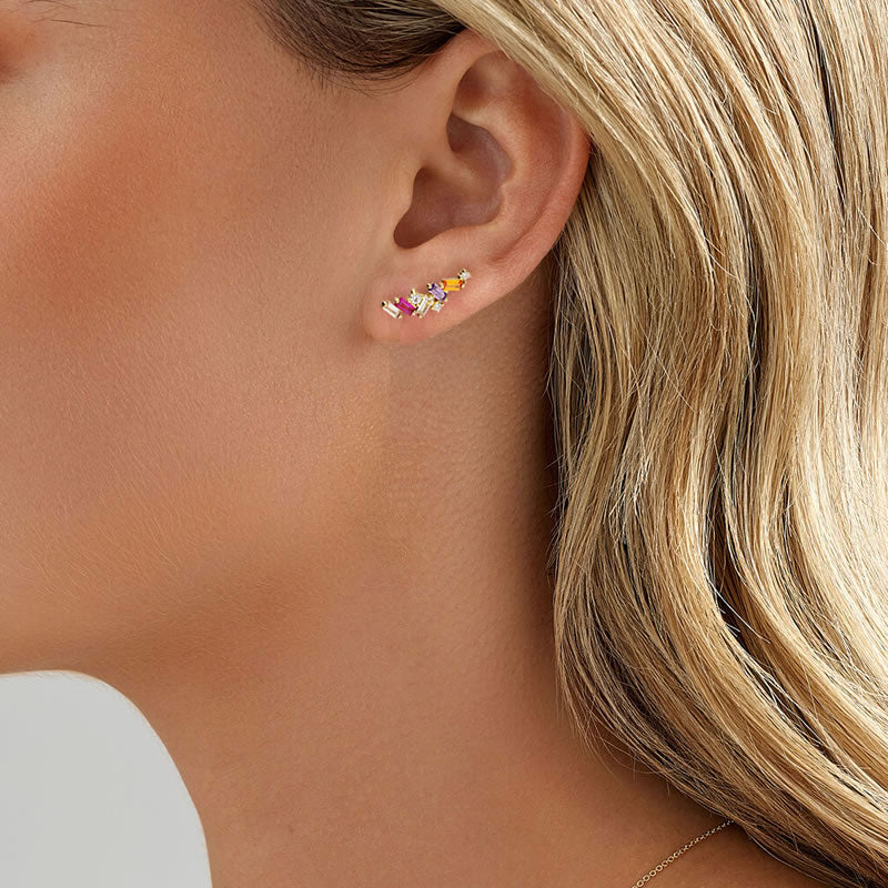 Gold Scattered Stone Climber Stud Earrings