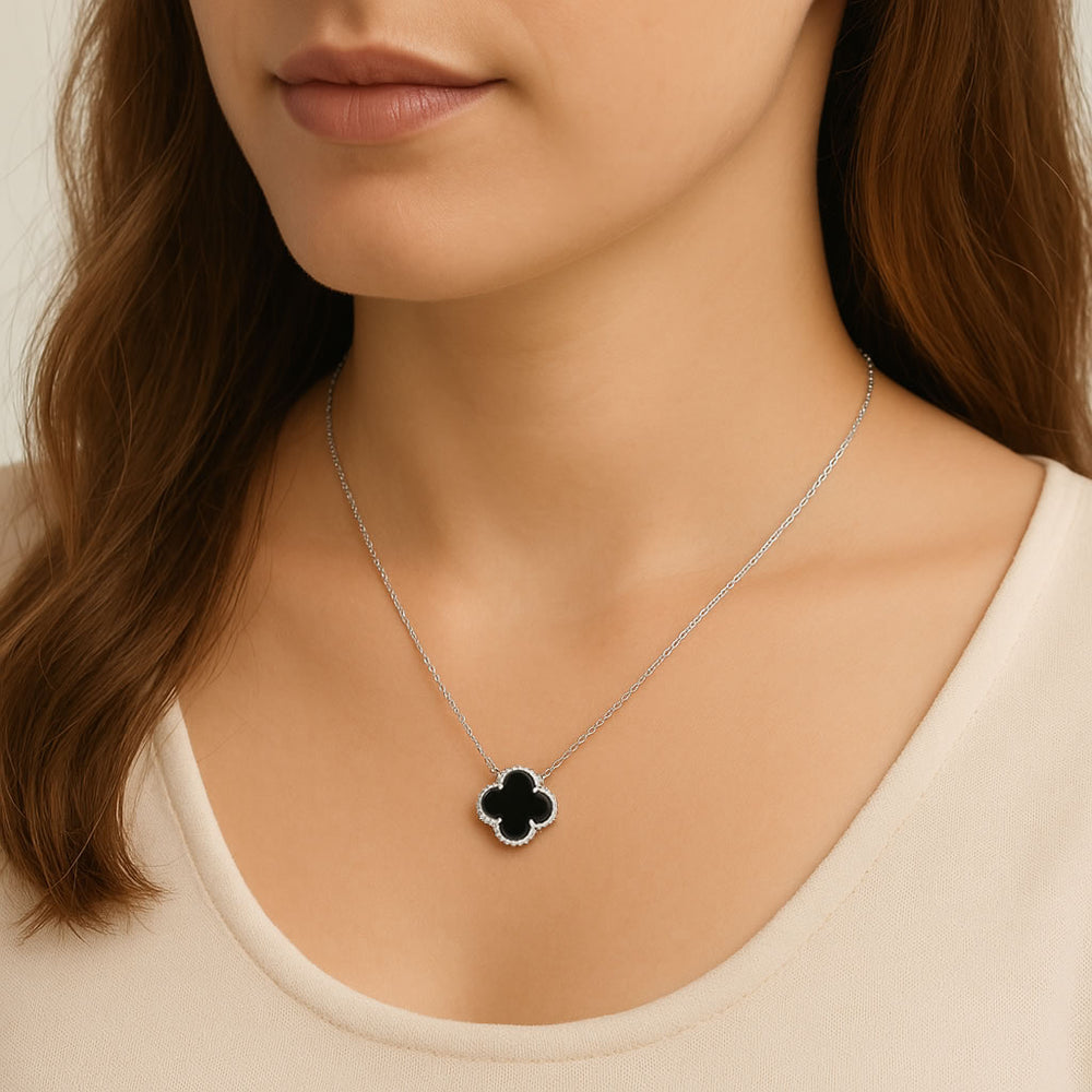 Silver Black Onyx Four Leaf Clover Pendant