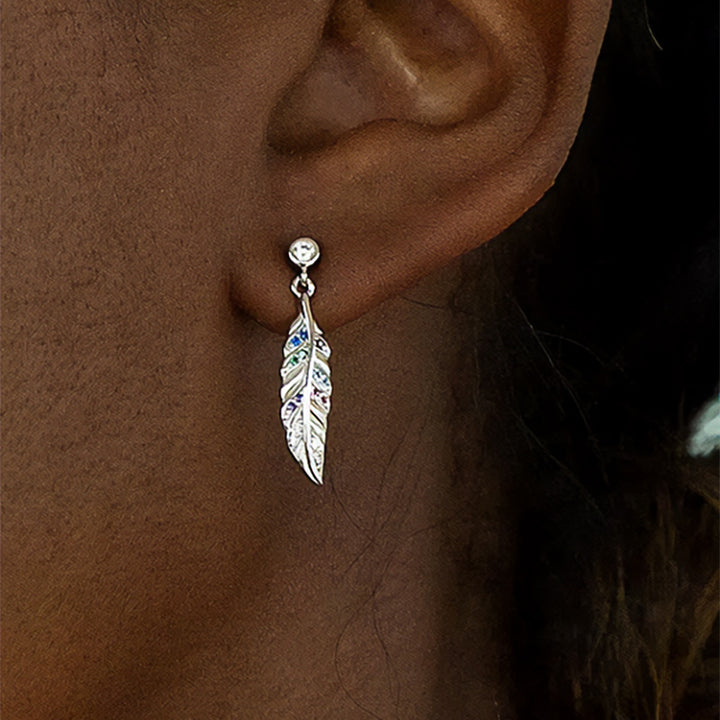 Silver Multi Stone Feather Drop Earrings
