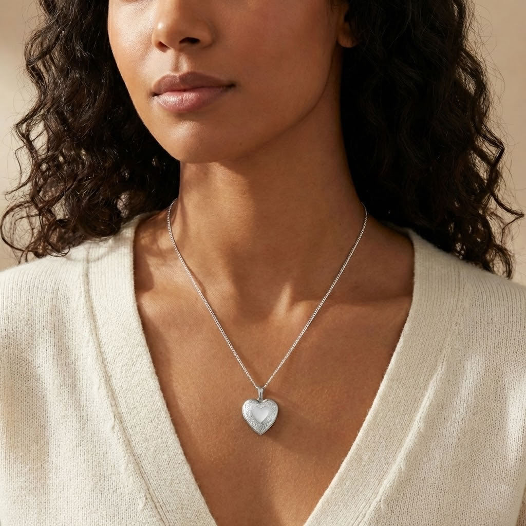 Sterling Silver Flower Pattern Heart Locket