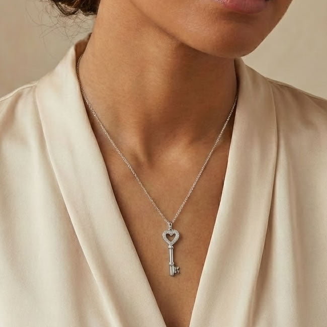 9ct White Gold Diamond Key To My Heart Necklace
