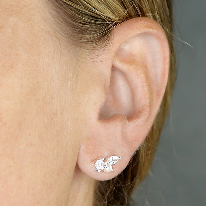Silver Pearl & Cubic Zirconia Stud Earrings