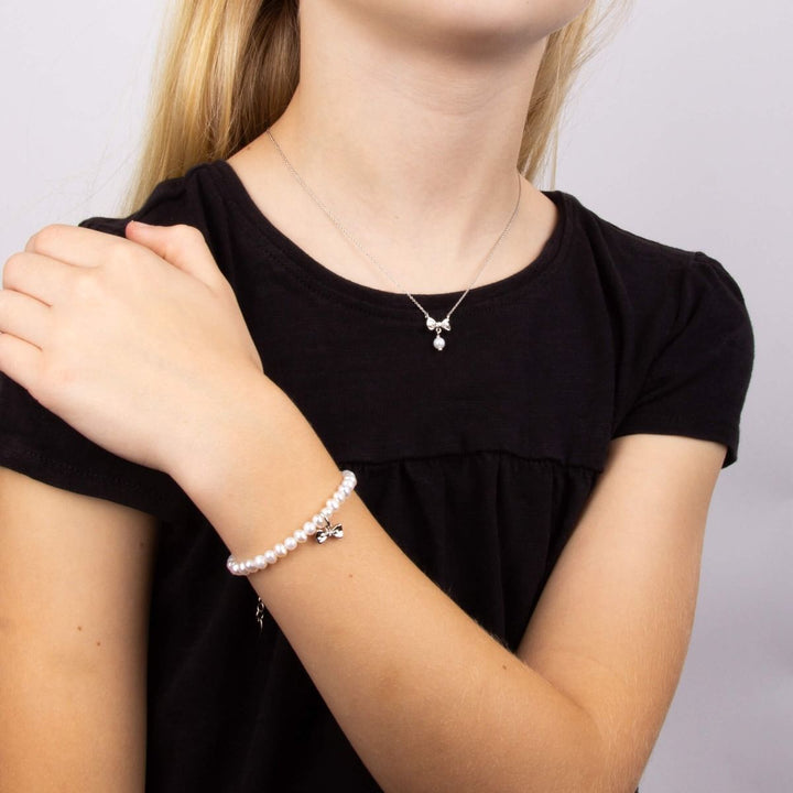 Children's Silver Pearl & Diamond Bow Necklace