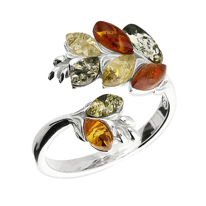 Sterling Silver Amber Wrap Around Leaf Ring