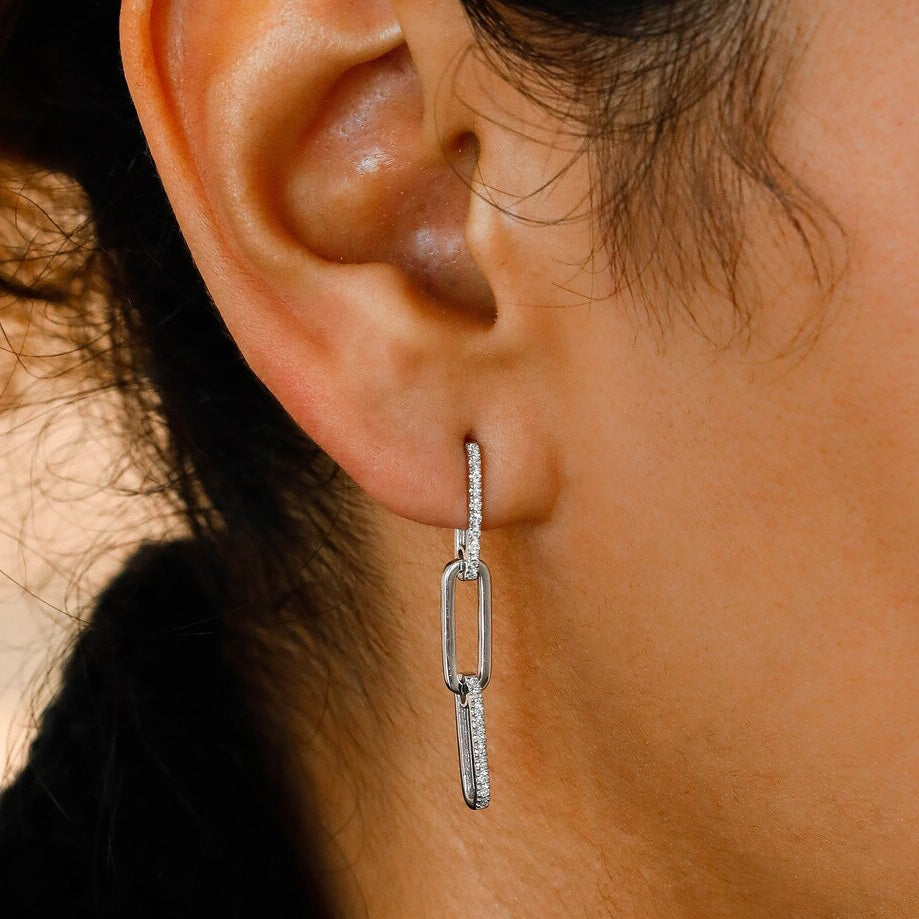 Silver Cubic Zirconia Oval Chain Link Drop Earrings