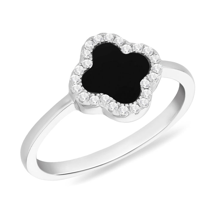 Silver Black Onyx Clover Ring