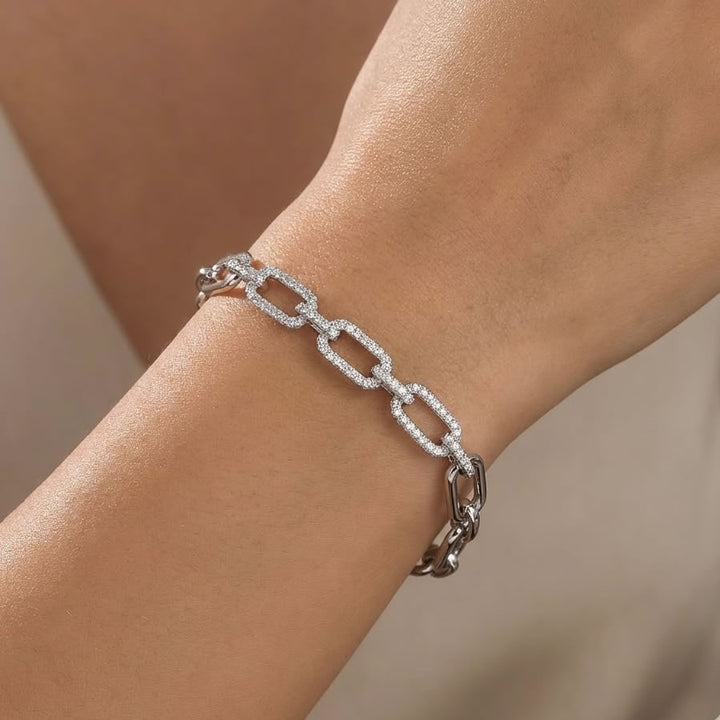 Silver Paperclip Cubic Zirconia Link Bracelet