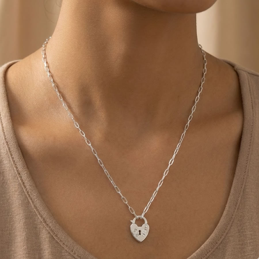 Silver Paperclip Chain Heart Padlock Necklace