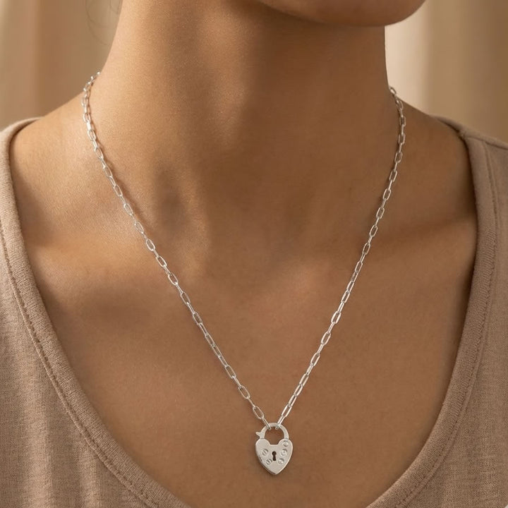Silver Paperclip Chain Heart Padlock Necklace