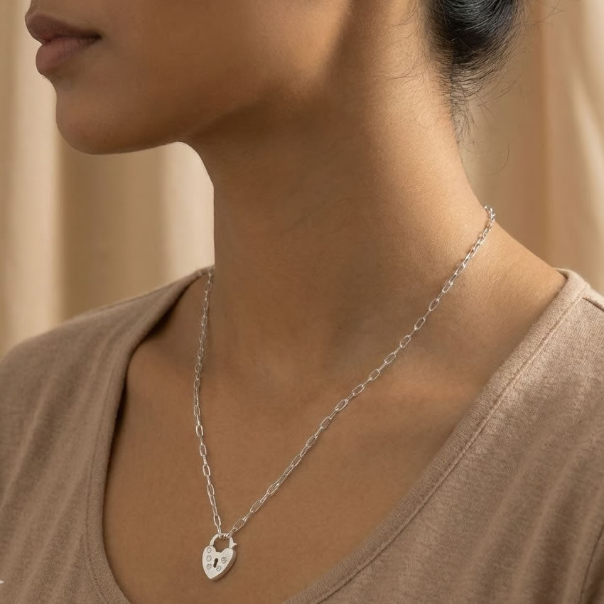 Silver Paperclip Chain Heart Padlock Necklace