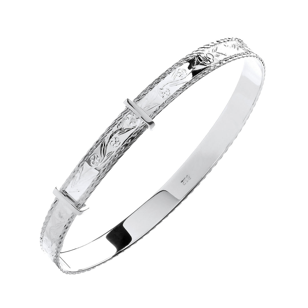 Silver Expandable Diamond-Cut Pattern Bangle
