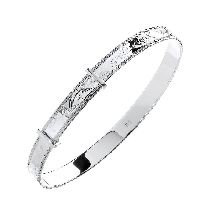 Silver Expandable Diamond-Cut Pattern Bangle
