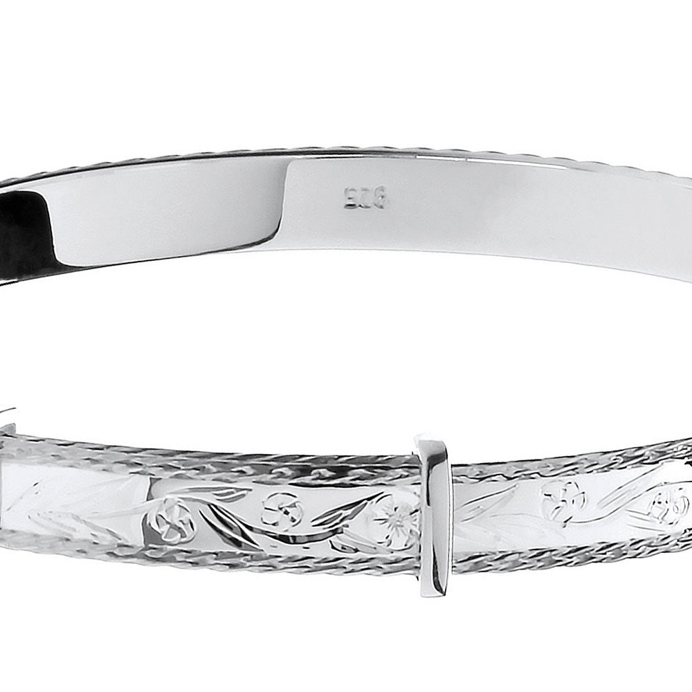 Silver Expandable Diamond-Cut Pattern Bangle