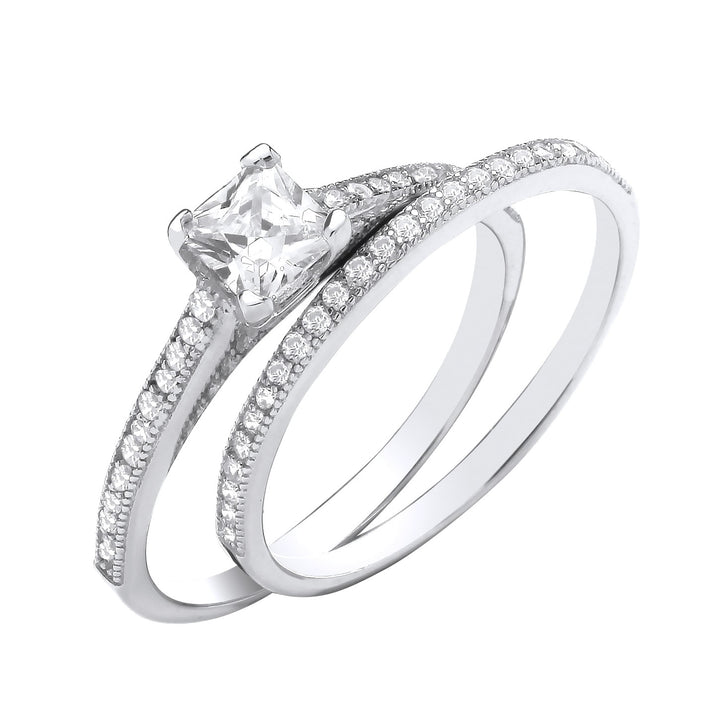 Silver Princess-Cut Solitaire Bridal Ring Set