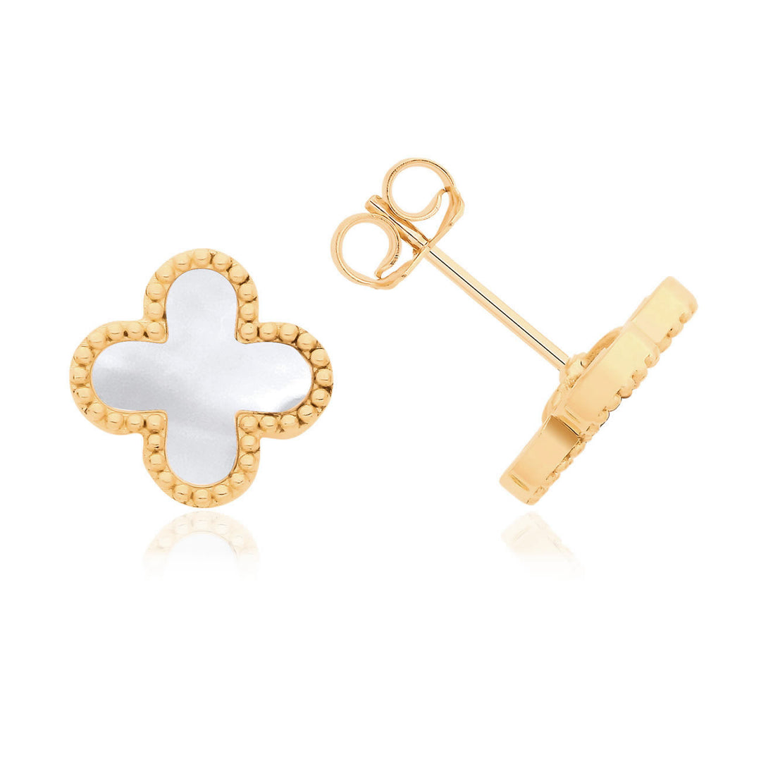 9ct Gold Mother of Pearl Clover Stud Earrings