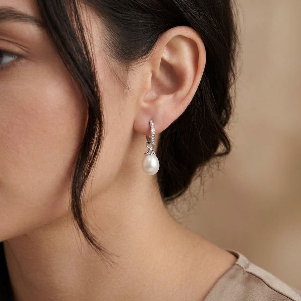 Silver Lab Diamond Pearl Hoop Earrings