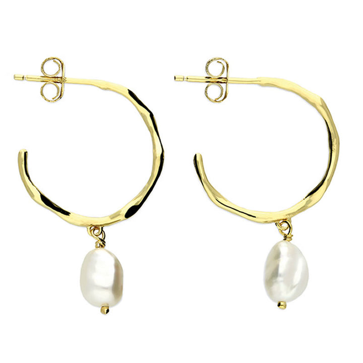 18ct Gold Plated Pearl Organic Hoop Earrings