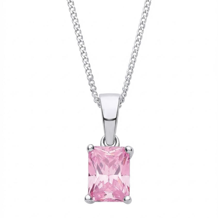 Sterling Silver Pink Emerald-Cut CZ Necklace