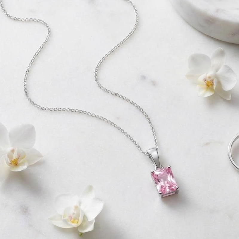 Sterling Silver Pink Emerald-Cut CZ Necklace