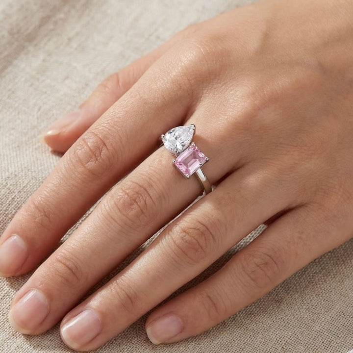 Silver Pink & Pear-Cut Two Stone Ring