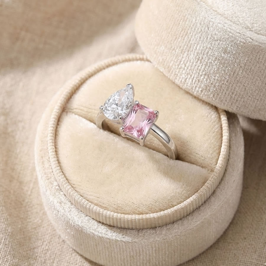 Silver Pink & Pear-Cut Two Stone Ring