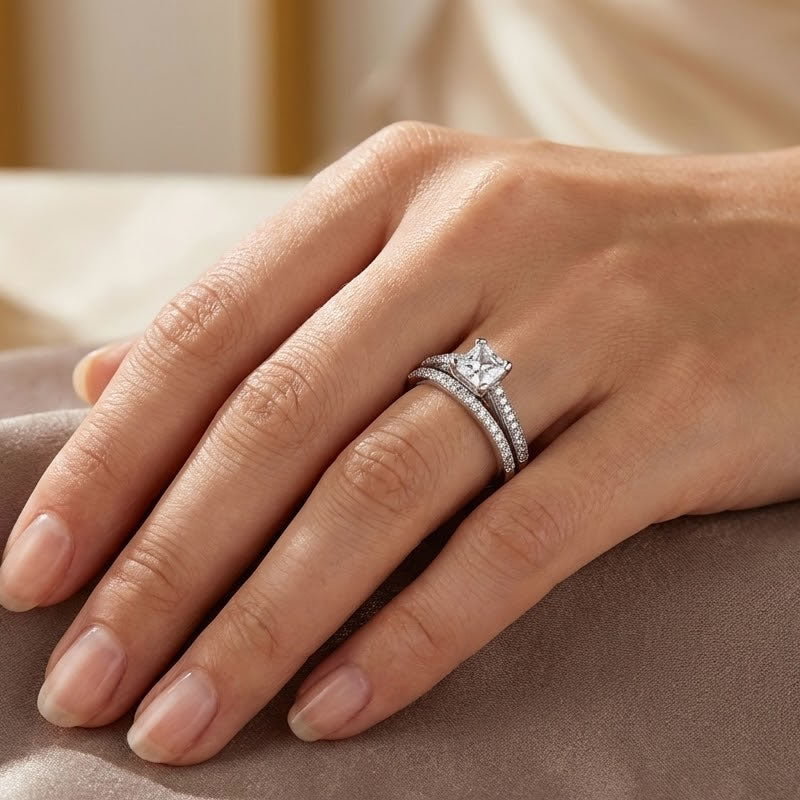 Silver Princess-Cut Solitaire Bridal Ring Set