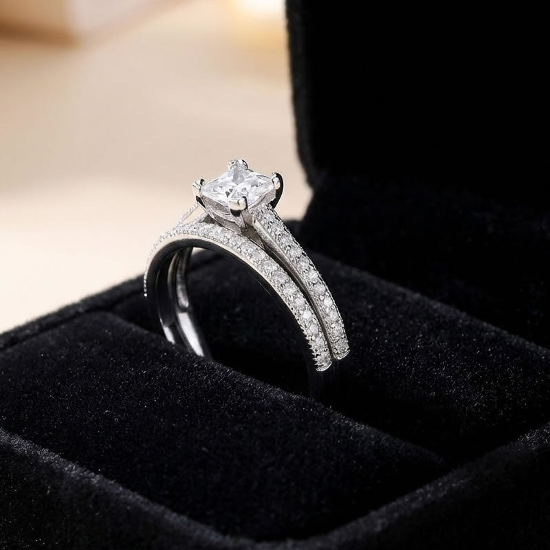 Silver Princess-Cut Solitaire Bridal Ring Set