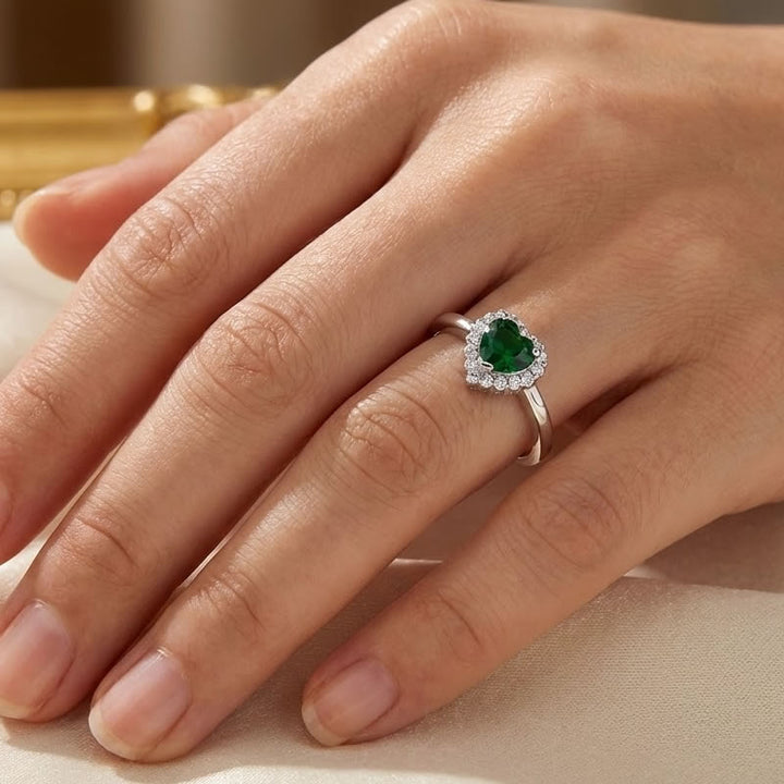 Sterling Silver Emerald Green Heart Halo Ring
