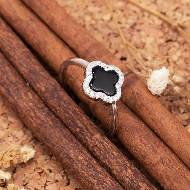 Silver Black Onyx Clover Ring