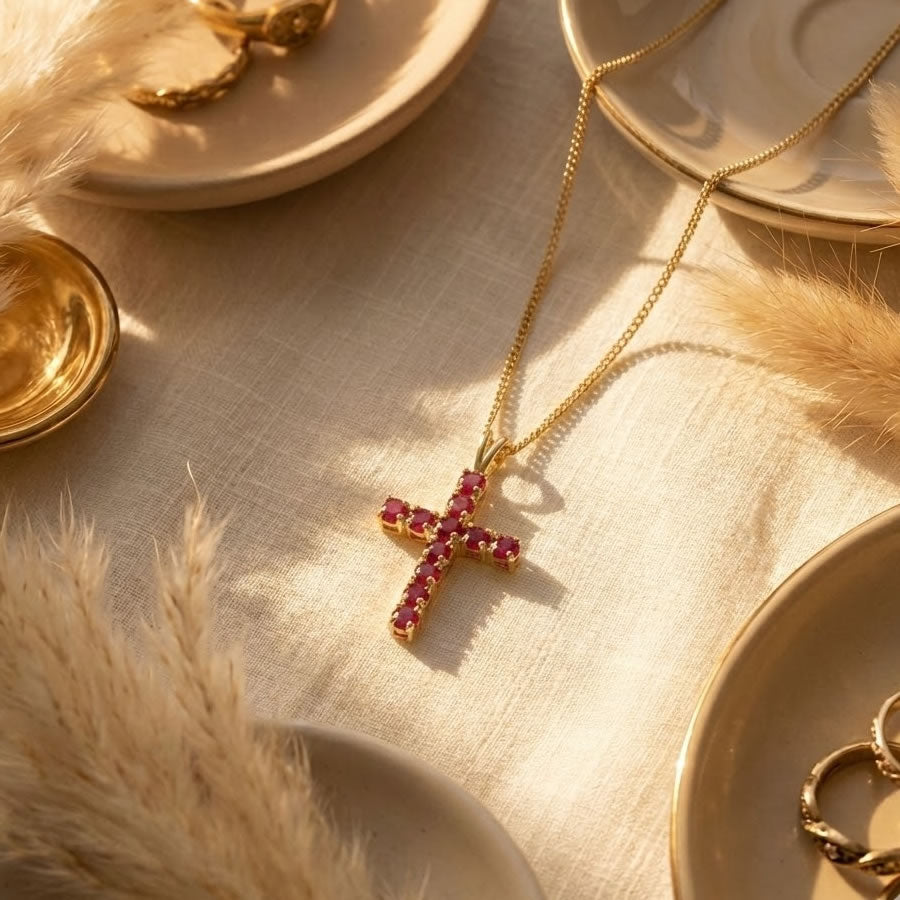 9ct Gold Ruby Cross Pendant