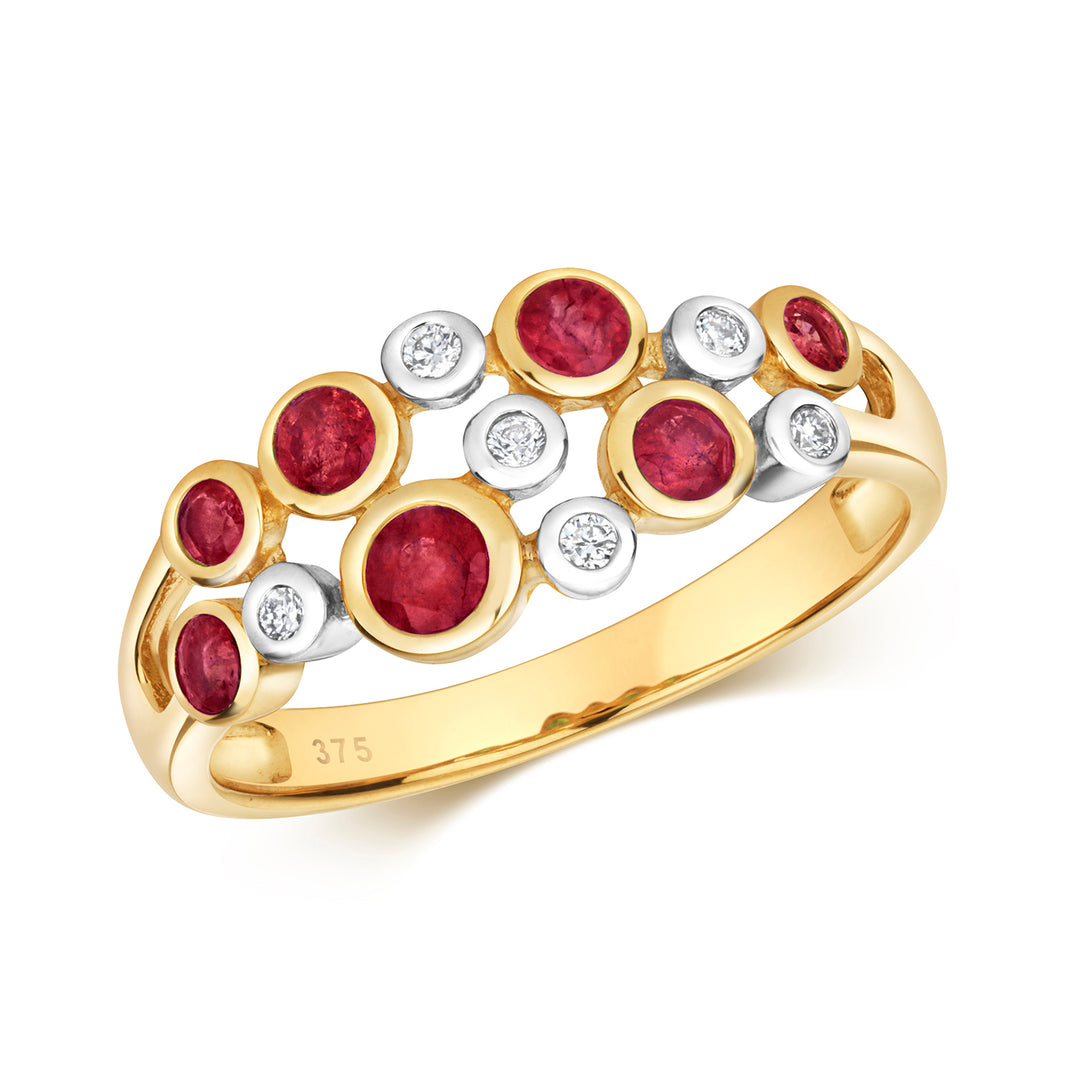 9ct Gold Ruby & Diamond Bubble Ring