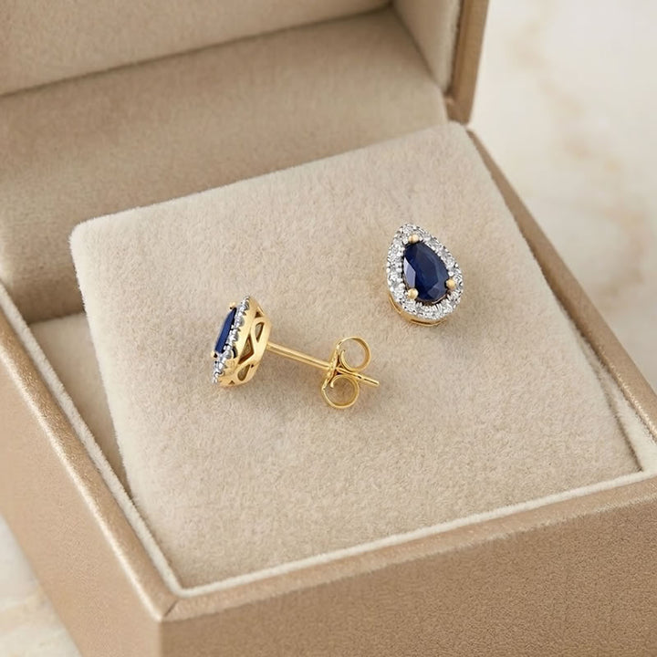 9ct Gold Pear Sapphire &amp; Diamond Stud Earrings