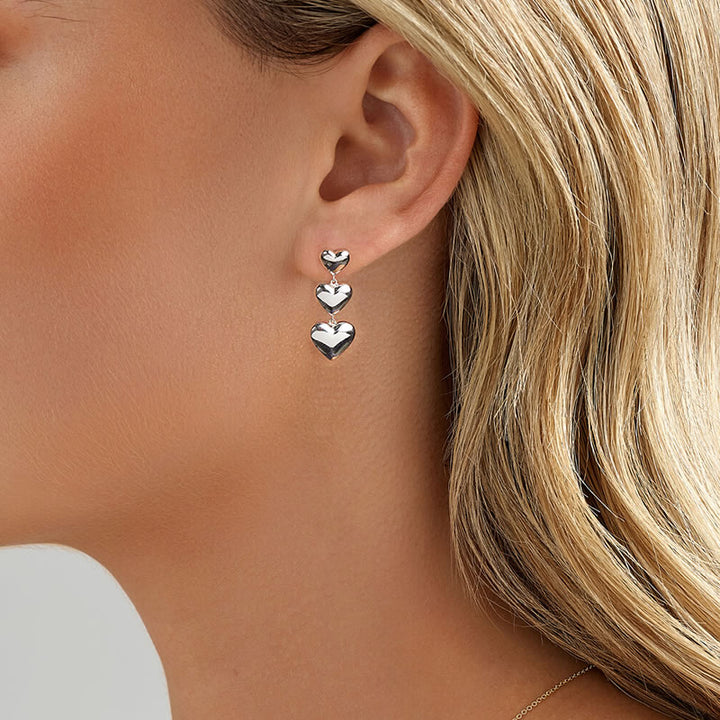 Silver Graduated Triple Heart Drop Earrings