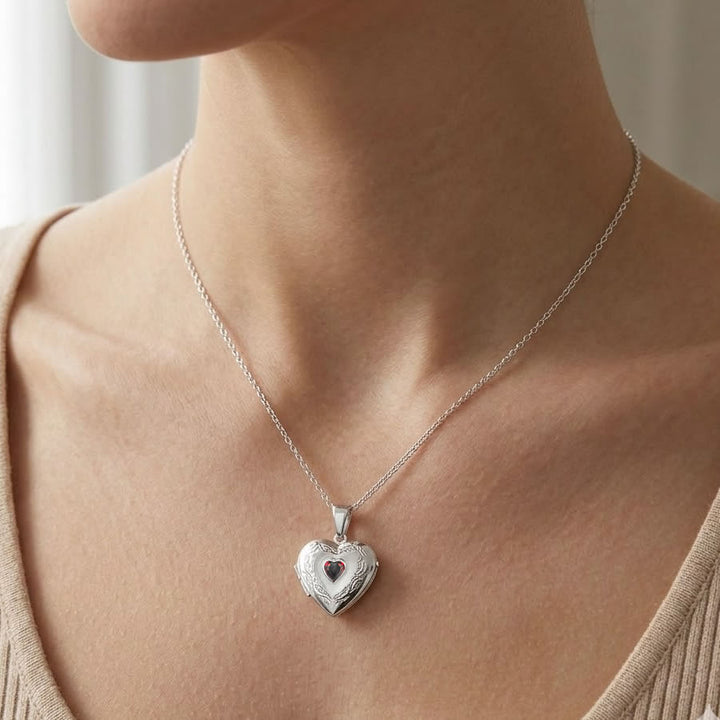 Silver Garnet Heart Locket
