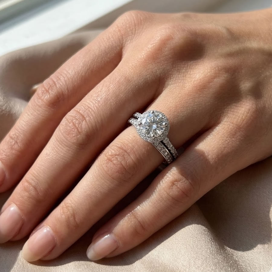 Silver Round Halo Bridal Ring Set