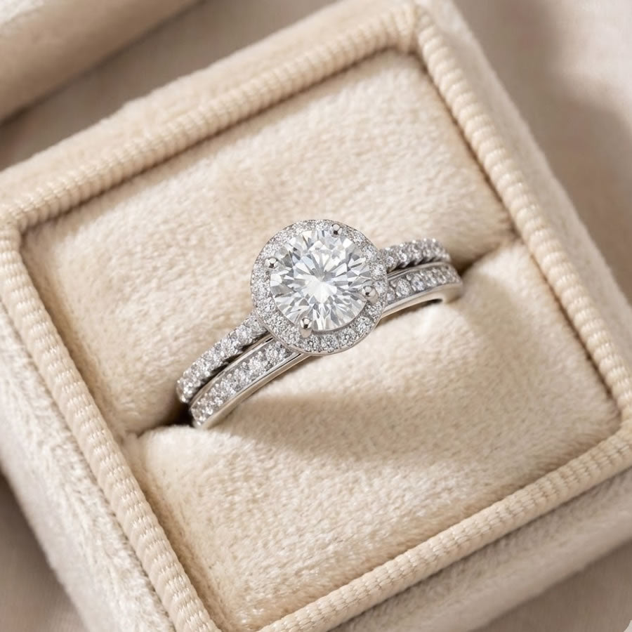 Silver Round Halo Bridal Ring Set