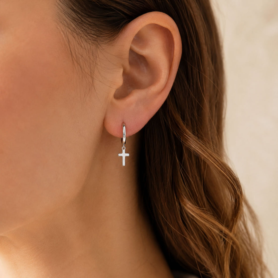 Silver Cross Charm Hoop Earrings