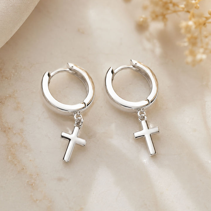 Silver Cross Charm Hoop Earrings