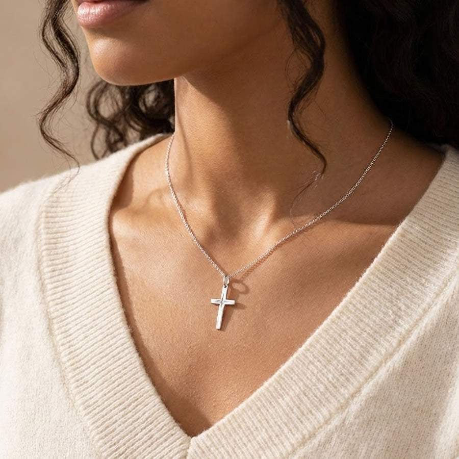 Sterling Silver Diamond-Cut Cross Necklace Model