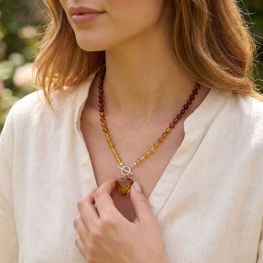 Silver Mixed Amber T-bar Heart Charm Necklace