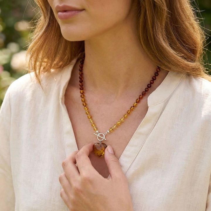 Silver Mixed Amber T-bar Heart Charm Necklace