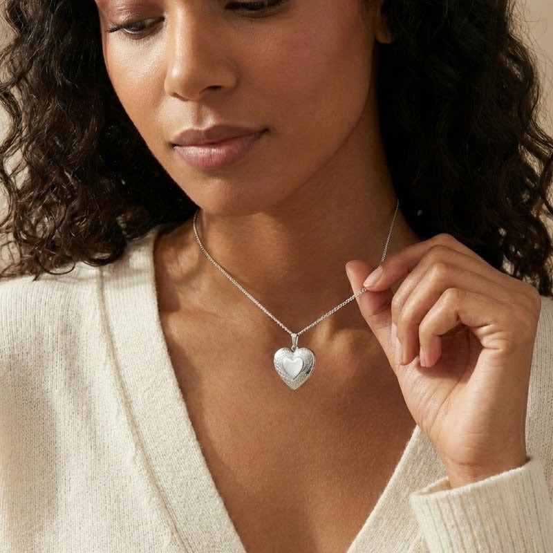Sterling Silver Flower Pattern Heart Locket